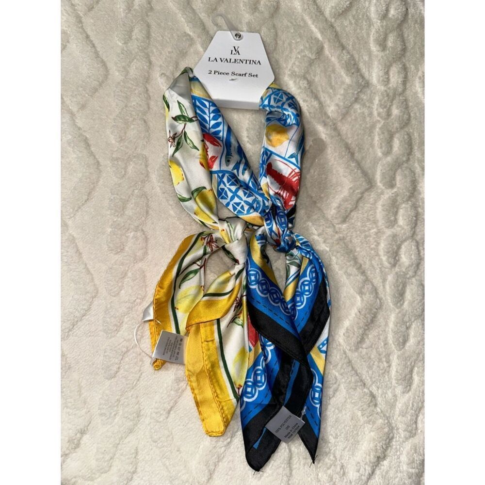 LA VALENTINA White Yellow Blue Coastal Summer Neck Head Bandana Scarf Set x 2